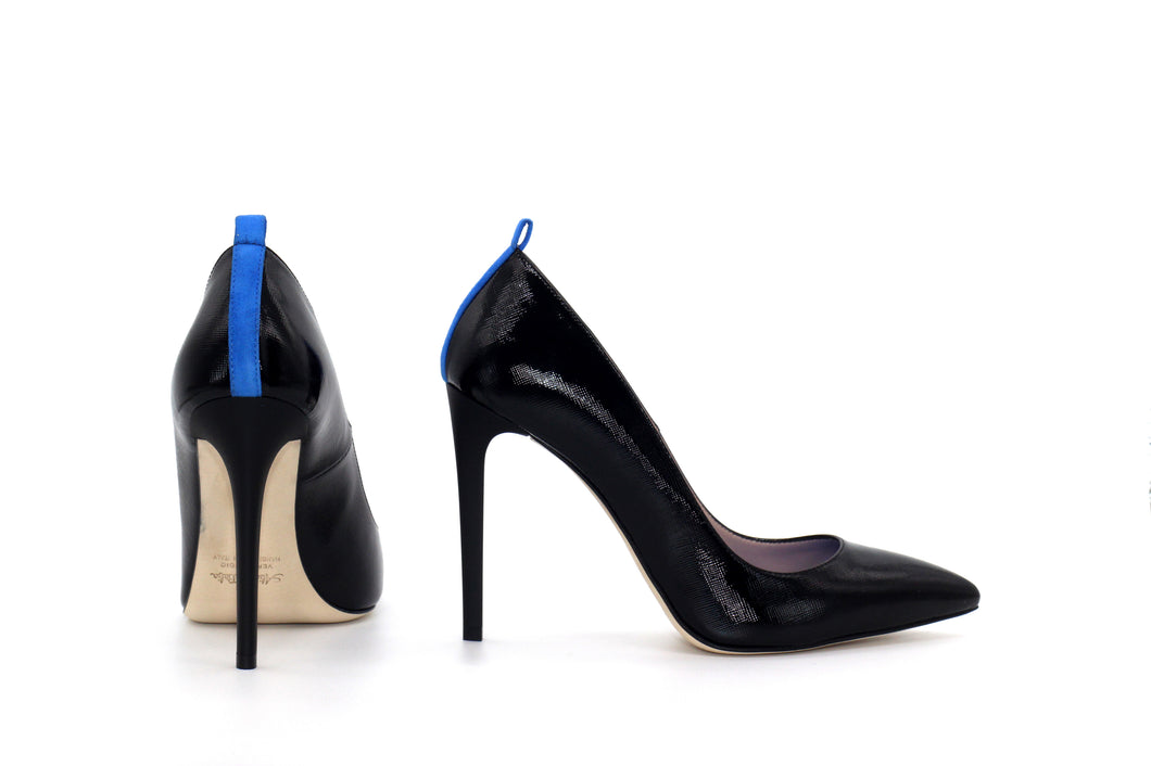 Italian Handmade Black Saffiano Patent High Heel (100mm) Rear and side view.