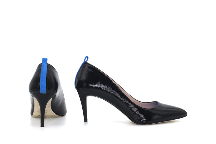 Italian Handmade Black Saffiano Patent Mid Heel (70mm) Side and rear view.