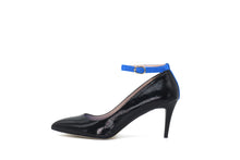 Italian Handmade Black Saffiano Patent Ankle Strap Mid Heel (70mm) Side view.