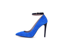 Italian Handmade Blue Suede Ankle Strap High Heel (100mm) Side view.