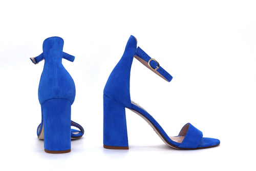 Italian Handmade Blue Suede Ankle Strap Sandal (90mm) Rear and side view.