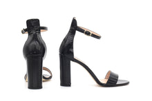 Black Saffiano Patent Leather Ankle Strap Sandal (90mm) Rear and side view.