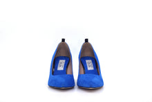 Italian Handmade Blue Suede Mid Heel (70mm) Front view.
