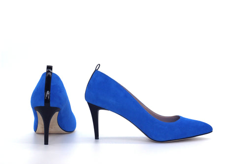 Italian Handmade Blue Suede Mid Heel (70mm) Back and side view.