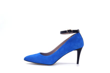 Italian Handmade Blue Suede Ankle Strap Mid Heel (70mm) Side view.