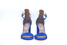 Italian Handmade Blue Suede Ankle Strap Sandal (90mm) Front view.